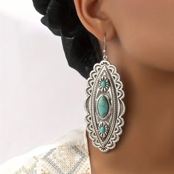 Exaggerated Carved Dangle Earrings with Natural Turquoise Inlay - Picture 2 of 4